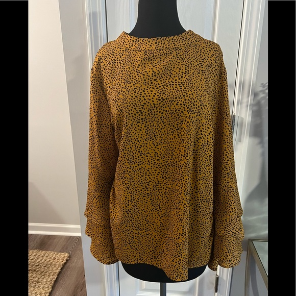 Amazon Tops - Amazon LS mustard and black animal print blouse with ruffled tier sleeve sizeXL
